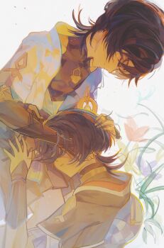 2boys armor black_bodysuit black_hair black_kimono black_sleeves blue_cape blue_gemstone blue_kimono blue_sleeves blunt_ends bodysuit bridal_gauntlets cape closed_eyes closed_mouth covered_collarbone dfish2_0 dual_persona dutch_angle eyelashes eyeliner eyeshadow facing_another facing_down fingernails flower frilled_sleeves frills gem genshin_impact gold gold_ring grass grey_bridal_gauntlets hair_over_eyes hakama hakama_shorts hand_on_another&#039;s_face hand_on_another&#039;s_head hand_on_another&#039;s_thigh headpat highres japanese_armor japanese_clothes jewelry juban kimono kote kurokote lap_pillow layered_sleeves makeup mandarin_collar middle_ring multiple_boys neck_ring open_clothes open_hand open_kimono parted_lips pleated_shorts purple_bag purple_flower purple_sleeves red_eyeliner red_eyeshadow red_flower red_kimono scaramouche_(genshin_impact) short_sleeves shorts shoulder_peek smile turtleneck turtleneck_bodysuit wanderer_(genshin_impact) white_background white_kimono white_mouth white_sleeves yellow_flower