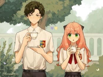 1boy 1girl :o absurdres aged_up ahoge anya_(spy_x_family) artist_name black_hair black_skirt brown_hair bug butterfly cup damian_desmond ducartoon earrings green_eyes hairpods highres holding holding_cup insect jewelry long_hair open_mouth outdoors pink_hair pleated_skirt shirt shirt_tucked_in short_hair short_sleeves skirt spy_x_family tree white_shirt