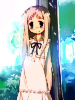 10s 1girl ano_hi_mita_hana_no_namae_wo_bokutachi_wa_mada_shiranai. blue_eyes dress ezakishii female_focus honma_meiko long_hair nature outdoors plant silver_hair solo tree