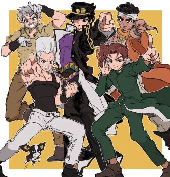 5boys asymmetrical_bangs beard black_hair black_jacket black_pants black_tank_top blue_eyes boston_terrier brown_eyes brown_hair brown_pants brown_shirt chain cherry_earrings dark-skinned_male dark_skin dog earrings facial_hair flattop food-themed_earrings food_themed_earrings fu_r_y gakuran gloves green_jacket green_pants grey_eyes grey_hair headband iggy_(jojo) jacket jaggy_lines jean_pierre_polnareff jewelry jojo_no_kimyou_na_bouken jojo_pose joseph_joestar joseph_joestar_(old) kakyoin_noriaki kuujou_joutarou looking_at_viewer male_focus mohammed_avdol multiple_boys necklace orange_robe outline pants pointing purple_shirt red_hair robe school_uniform shirt short_hair smile stardust_crusaders tank_top terrier_(dog) triangle_print white_background white_gloves white_outline white_pants yellow_background