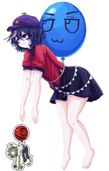 Rule 34 | 1girl, :3, absurdres, balloon, balloon zombie (plants vs. zombies), bare legs, barefoot, black skirt, blue hair, closed mouth, commentary, empty eyes, full body, hair between eyes, hat, hat ornament, highres, jiangshi, knees together feet apart, miniskirt, miyako yoshika, nanaii desu, neck ribbon, newsboy cap, ofuda, outstretched arms, plants vs. zombies, propeller hat, purple eyes, purple hat, red shirt, reference inset, ribbon, shirt, short hair, short sleeves, simple background, skirt, smile, solo, star (symbol), star hat ornament, touhou, white background, zombie, zombie pose