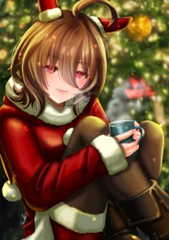 Rule 34 | 1girl, agnes tachyon (umamusume), ahoge, animal ears, black boots, black pantyhose, blush, boots, breasts, brown hair, closed mouth, commentary request, cup, dated commentary, dress, ear covers, fur-trimmed dress, fur trim, hair between eyes, highres, holding, holding cup, horse ears, horse girl, long sleeves, looking at viewer, otono (bkt4b), pantyhose, red dress, red eyes, santa costume, santa dress, smile, solo, steaming cup, umamusume