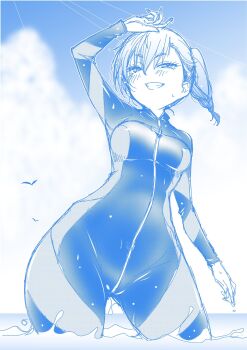 1girl arai_kazuki arm_up bird blush bokutachi_wa_benkyou_ga_dekinai braid braided_ponytail breasts clenched_teeth day diving_suit groin highres in_water kominami_asumi medium_hair monochrome ocean ponytail sky small_breasts smile solo teeth wet wet_clothes