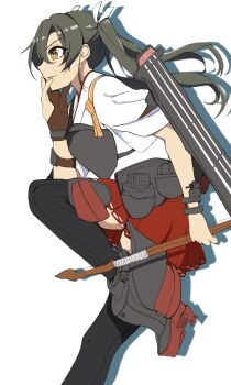 1girl black_thighhighs bow_(weapon) brown_eyes brown_gloves cowboy_shot feet_out_of_frame flight_deck gloves grey_hair hakama hakama_short_skirt hakama_skirt highres japanese_clothes kantai_collection kosode long_hair muneate partially_fingerless_gloves partly_fingerless_gloves red_hakama red_skirt ribbon single_glove skirt solo tasuki thighhighs twintails weapon white_ribbon yaguchi_ryuu yugake zuikaku_(kancolle)