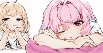 Rule 34 | 2girls, ahoge, arm rest, blonde hair, brown eyes, choppy bangs, closed mouth, clothes writing, commentary request, futaba anzu, hair between eyes, hair intakes, head rest, highres, idolmaster, idolmaster cinderella girls, long hair, looking at viewer, lying, multiple girls, okubatomaeba, on stomach, one eye closed, open mouth, pink eyes, pink hair, shirt, short hair, short sleeves, simple background, white background, white shirt, yumemi riamu