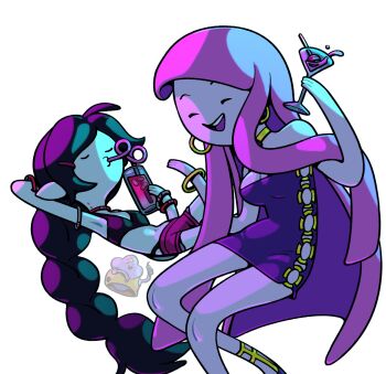 3girls adventure_time alternate_costume armlet armpits bangle black_hair blunt_bangs bracelet braid breasts choker cleavage closed_eyes cocktail_glass colored_skin cup discount-supervillain dress drinking drinking_glass drinking_straw glass gold_choker highres hoop jewelry lumpy_space_princess marceline_abadeer multiple_girls o-ring o3o pink_hair pink_skin princess_bonnibel_bubblegum smile teeth toon_(style) upper_teeth_only vampire