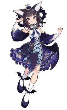 1girl animal_ears bat_ears bat_girl black_hair black_shoes blue_corset blue_dress blue_necktie blunt_bangs braid braided_hair_rings breasts cami_arriaga_c corset crown detached_sleeves dress frilled_dress frills full_body gothic_lolita grey_eyes hair_ornament hair_rings highres idoloid kiyoko_(utau) lolita_fashion looking_at_viewer medium_breasts mini_crown necktie non-web_source official_art open_mouth shoes short_hair simple_background sleeveless sleeveless_dress socks solo standing standing_on_one_leg tachi-e transparent_background utau white_socks wing_hair_ornament winged_shoes wings