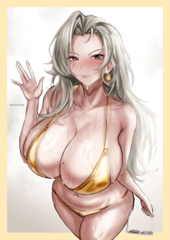 Rule 34 | 1girl, absurdres, alternate breast size (larger), bikini, breasts, cleavage, collarbone, colycycle, goddess of victory: nikke, gold bikini, golden week, grey hair, highres, holding, holding removed eyewear, huge breasts, light smile, long hair, looking at viewer, mature female, mole, mole on breast, mole under mouth, mrs. miss (nikke), solo, standing, sunglasses, swimsuit, thighs, unworn eyewear
