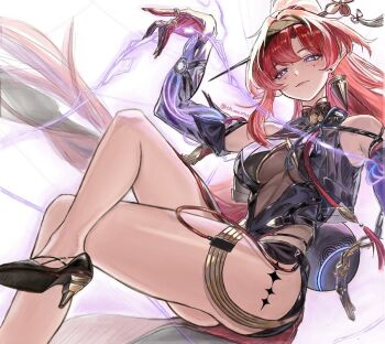 1girl bare_shoulders black_dress black_hairband blush breasts chain chinese_hairpin cleavage_cutout clothing_cutout commentary_request crossed_legs detached_sleeves dress earrings elbow_gloves elf facial_mark fingernails gloves hairband haluuu0725 hand_up high_heels high_ponytail jewelry large_breasts light_smile lightning long_fingernails long_hair long_pointy_ears looking_at_viewer multiple_rings personal_terminal pointy_ears ponytail red_hair ring side_slit smug solo string tacet_mark_(wuthering_waves) thick_thighs thighs very_long_hair wuthering_waves yinlin_(wuthering_waves)