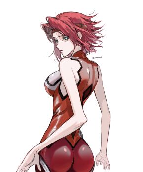 1girl arms_at_sides ass bare_shoulders bodysuit breasts code_geass cowboy_shot floating_hair from_behind from_side green_eyes headband highres kouzuki_kallen looking_at_viewer looking_back looking_to_the_side mecha_pilot_suit medium_breasts pale_skin parted_bangs parted_lips red_bodysuit red_hair red_headband short_hair solo standing white_background wind yorusl