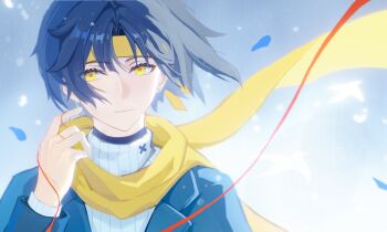 1216767974xue 1boy absurdres alternate_costume asaba_harumasa black_hair blue_jacket closed_mouth commentary_request earrings falling_petals hand_up headband highres jacket jewelry looking_to_the_side male_focus open_clothes outdoors parted_bangs petals scarf short_hair smile snowing solo string string_of_fate sweater turtleneck turtleneck_sweater upper_body white_sweater yellow_eyes yellow_headband yellow_scarf zenless_zone_zero