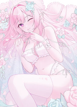 1girl absurdres bare_shoulders blue_flower blue_rose bra breasts check_clothing cleavage closed_mouth clothing_request commentary cross-laced_bra cyrene_(honkai:_star_rail) cyrene_(ripples_of_past_reverie)_(honkai:_star_rail) diamond-shaped_pupils diamond_(shape) finger_to_mouth fingernails flower frilled_bra frilled_panties frills hair_flower hair_intakes hair_ornament hair_spread_out hands_up highres honkai:_star_rail honkai_(series) index_finger_raised large_breasts long_hair looking_at_viewer lying multi-strapped_panties nail_polish navel on_side panties pillow pink_hair pink_nails pointy_ears purple_eyes rose shushing side-tie_panties sidelocks smile solo stomach strap_slip symbol-only_commentary symbol-shaped_pupils thighhighs thighs underwear underwear_only very_long_hair white_bra white_panties white_thighhighs yagen_(user_mxur3238)