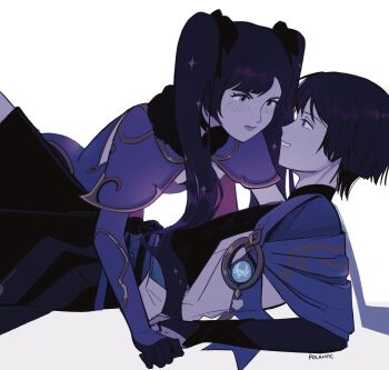 1boy 1girl adam's_apple anemo_symbol_(genshin_impact) aqua_eyes armor artist_name asymmetrical_bangs black_bodysuit black_bow black_bridal_gauntlets black_choker black_gloves black_hair black_shorts blue_cape blue_gem blue_kimono blunt_bangs blunt_ends blush bodysuit bow bridal_gauntlets cape choker closed_mouth commentary english_commentary eyelashes feathers fur-trimmed_cape fur_trim gem genshin_impact girl_on_top gloves gold gold_trim grey_eyes grey_lips hair_bow hetero highres japanese_armor japanese_clothes juban kimono kote kurokote long_hair looking_at_another mac_(polamac) mona_(genshin_impact) open_clothes open_kimono open_mouth pom_pom_(clothes) purple_rope purple_sash purple_sleeves reclining red_cape rope sash scaramouche_(genshin_impact) shorts side_cape star_(symbol) star_choker star_print swept_bangs tsurime turtleneck turtleneck_bodysuit twintails wanderer_(genshin_impact) white_background white_kimono white_mouth yellow_feathers