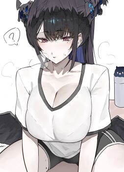 1girl absurdres asymmetrical_horns black_hair black_shorts black_wings blue_hair breasts cleavage colored_inner_hair crystal_horns demon_horns ewn exercising feathered_wings feathers flower hair_between_eyes hair_ornament highres hololive hololive_english horn_flower horns jailbird_(nerissa_ravencroft) large_breasts long_hair looking_at_viewer low_wings mole mole_on_thigh mole_under_eye multicolored_hair nerissa_ravencroft open_mouth ponytail red_eyes shirt short_shorts shorts simple_background solo sweat tassel tassel_hair_ornament two-tone_hair uneven_horns very_long_hair virtual_youtuber white_background white_shirt wings