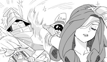 Rule 34 | 1girl, 2boys, adelbert steiner, arm behind head, beatrix (ff9), black mage (final fantasy), bruise, bruise on face, closed eyes, curly hair, dede (qwea 00000), derivative work, eyepatch, final fantasy, final fantasy ix, greyscale, hand in own hair, hat, hat feather, helm, helmet, holding, holding sword, holding weapon, injury, meme, monochrome, multiple boys, naoya hitting choso without looking (meme), parted lips, punching, scared, sketch, sweatdrop, sword, teeth, upper body, vivi ornitier, weapon, wizard hat