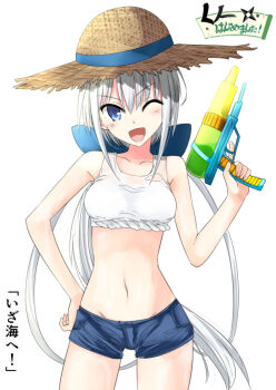 1girl :d blue_bow blue_eyes blue_ribbon blush bow breasts collarbone commentary_request cowboy_shot hair_between_eyes hako_roku hand_on_own_hip hand_up hat hat_ribbon head_tilt holding holding_water_gun kunoichi_hajimemashita! long_hair looking_at_viewer low_ponytail medium_breasts navel one_eye_closed open_mouth ponytail ribbon shirayuki_mashiro_(kunoichi_hajimemashita!) short_shorts shorts sidelocks simple_background smile solo standing straw_hat tank_top translation_request v-shaped_eyebrows very_long_hair water_gun white_hair white_tank_top