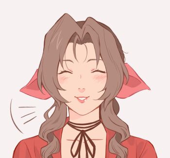 1girl aerith_gainsborough braid braided_ponytail brown_hair choker closed_eyes final_fantasy final_fantasy_vii grey_background hair_ribbon highres jacket light_blush long_hair parted_bangs parted_lips pink_lips pink_ribbon red_jacket ribbon ribbon_choker sidelocks single_braid smile softp3ach solo upper_body