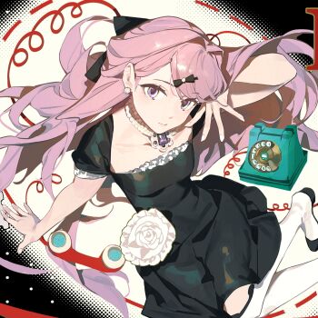 1girl antique_phone black_dress black_shoes bow cropped dress duo_lai_xi_mie earrings flower hair_bow hair_intakes hair_ornament hairpin highres jewelry long_hair looking_at_viewer necklace original over-kneehighs phone pink_hair puffy_short_sleeves puffy_sleeves purple_eyes rotary_phone shoes short_sleeves shrug_(clothing) sitting solo strapless strapless_dress thighhighs yokozuwari