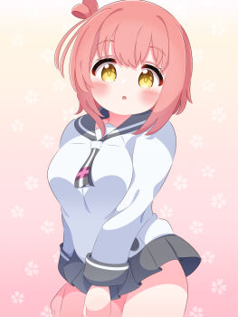 1girl antenna_hair blush breasts floral_background gradient_background grey_neckerchief grey_skirt ichinose_hana large_breasts long_sleeves looking_at_viewer neckerchief open_mouth pink_background pink_hair r245 school_uniform shirt short_hair skirt slow_start standing white_shirt yellow_eyes