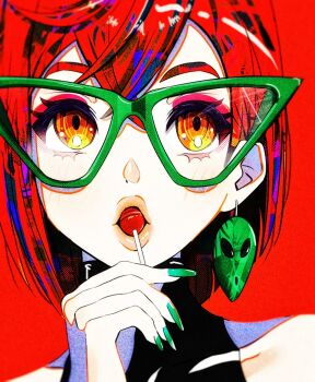 Rule 34 | 1girl, alien, ayase momo, bare shoulders, brown eyes, brown hair, candy, commentary, crossed bangs, dandadan, davoxime, earrings, english commentary, eyelashes, food, food in mouth, glasses, green-framed eyewear, green nails, hair between eyes, highres, holding, holding candy, holding food, holding lollipop, jewelry, lips, lollipop, looking at viewer, nail polish, pink lips, portrait, red background, red hair, short hair, solo, straight-on, turtleneck, upper body