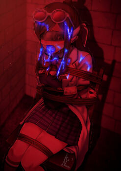 1girl ace_attorney arms_behind_back artist_name bdsm bondage bound bound_arms bound_legs bow bowtie breasts brown_hair capcom chair cleavage closed_eyes clothes_gag coat crying cum cum_in_mouth cum_on_body cum_on_clothes cum_on_hair ema_skye facial gag gagged glasses_on_head highres improvised_gag kaneeru lab_coat long_hair medium_breasts motion_lines phoenix_wright:_ace_attorney purple_shirt purple_skirt red_bow red_bowtie rope round_eyewear shirt sidelocks signature single_sock sitting skirt socks striped_clothes striped_skirt struggling tears tied_to_chair tinted_eyewear torture ultraviolet_light variant_set white_coat