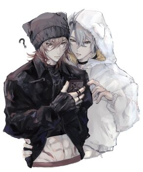 2boys ? abs alternate_costume animal_ear_hood arm_around_waist beanie black_hat black_jacket black_shirt cellphone choco_rema closed_mouth collared_jacket crop_top cropped_torso crossed_bangs fake_animal_ears fingernails gradient_hair grey_hair hat highres holding holding_phone honkai:_star_rail honkai_(series) hood hoodie jacket long_sleeves looking_at_phone male_focus midriff multicolored_hair multiple_boys mydei_(honkai:_star_rail) navel neck_tattoo open_clothes open_jacket parted_lips phainon_(honkai:_star_rail) phone shirt short_hair sleeves_past_wrists tattoo white_hoodie wing_collar zipper