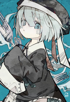 Rule 34 | 1girl, absurdres, aqua hair, artist logo, black dress, black ribbon, blue background, blue eyes, buttons, center frills, collared shirt, commentary, cowboy shot, dress, fork, frilled dress, frills, gauze, gauze on cheek, gauze on neck, hair between eyes, hat, hat ribbon, highres, logo, long sleeves, neck ribbon, open mouth, original, parted lips, ribbon, shirt, short hair, sleeves past fingers, sleeves past wrists, solo, soresaki, variant set, white ribbon