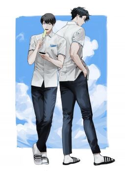 2boys alternate_costume black_eyes black_hair blackbox_(blackbox9158) collared_shirt food full_body hands_in_pockets holding holding_food holding_phone holding_popsicle kim_dokja male_focus multiple_boys omniscient_reader&#039;s_viewpoint phone popsicle sandals shirt short_hair socks standing white_shirt white_socks yoo_joonghyuk