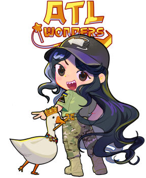 1girl bird black_hair boots camouflage camouflage_pants chibi commentary duck english_commentary full_body hat highres kraken_(japanon) kraken_regiment long_hair multicolored_hair open_mouth original pants russo-ukrainian_war simple_background smile solo ukrainian_flag usergore