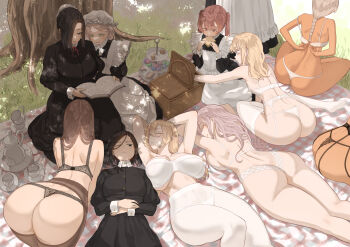 6+girls adjusting_bra adjusting_clothes all_fours apron ass black_bra black_dress black_hair black_panties black_thighhighs blonde_hair book bra braid bread brown_hair closed_eyes covered_navel cup dark-skinned_female dark_skin dress eating food frilled_apron frills grass grey_hair hat highres holding holding_book long_hair long_sleeves lying maid maid_apron martha_(throtem) mob_cap multiple_girls on_back on_stomach one_eye_closed original outdoors panties pantyhose picnic_basket picnic_blanket plate purple_hair reading red_hair single_braid sitting sleeping standing teacup teapot thighhighs thong throtem tree twintails underwear white_bra white_hat white_panties white_pantyhose white_thighhighs