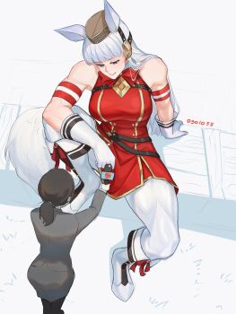 2girls animal_ears arm_support armband boots commentary dress egalo english_commentary gloves gold_ship_(red_strife)_(umamusume) gold_ship_(umamusume) grey_jacket grey_skirt highres horse_ears horse_girl horse_tail interview jacket long_hair microphone multiple_girls muscular muscular_female pantyhose pencil_skirt pillbox_hat purple_eyes red_armband red_dress skirt sleeveless sleeveless_dress suit_jacket tail umamusume white_boots white_gloves white_hair white_pantyhose