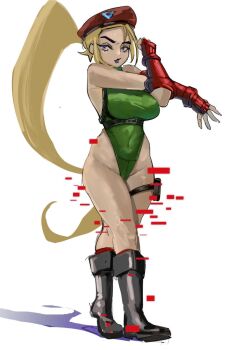 1girl blonde_hair breasts cammy_white cammy_white_(cosplay) commentary cosplay fingerless_gloves gameoverse gloves green_leotard highres large_breasts leotard long_hair miss_information_(gameoverse) ponytail purple_eyes purple_lips shadow solo street_fighter stretching tofubox1222 untranslatable_commentary