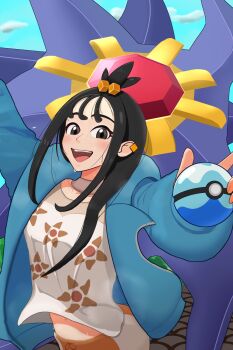 1girl :d black_hair blue_hoodie cloud commentary_request cube_hair_ornament day dive_ball earclip gen_1_pokemon hair_ornament happy highres holding holding_poke_ball hood hood_down hoodie ikarikaku leggings lida_(pokemon) long_hair looking_at_viewer mega_starmie nintendo open_clothes open_hoodie open_mouth outdoors poke_ball pokemon pokemon_(creature) pokemon_legends:_z-a print_shirt shirt sidelocks sky smile starmie teeth tongue topknot upper_teeth_only white_shirt
