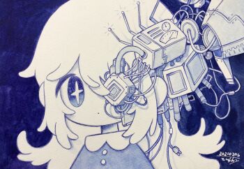 +_+ 1girl blue_theme cable dated expressionless highres long_hair machine monochrome one_eye_covered original portrait shadow signature solo white_hair zukky000