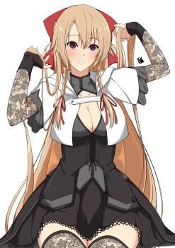 1girl absurdres arm_up artist_name assault_lily black_skirt black_thighhighs blush bow braid breasts brown_hair cleavage cleavage_cutout clothing_cutout commentary_request cowboy_shot cropped_jacket cross-laced_clothes floral_print frilled_sleeves frills grey_shirt hair_between_eyes hair_bow hair_lift hair_ribbon hand_up highres jacket lace lace_sleeves lace_thighhighs long_hair long_sleeves looking_at_viewer medium_breasts miniskirt monica_rossi open_clothes open_jacket parted_lips pleated_skirt print_sleeves print_thighhighs purple_eyes red_bow red_ribbon revision ribbon senri_(senri03151221) shirt short_sleeves side_braids signature simple_background sitting skirt solo thighhighs twin_braids underbust very_long_hair white_background white_jacket wide_sleeves