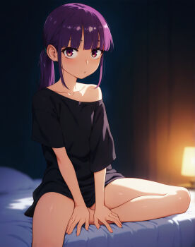 1girl black_shirt closed_mouth collarbone highres indoors long_hair looking_at_viewer on_bed original ponytail purple_eyes purple_hair shirt sidelocks single_bare_shoulder single_off_shoulder sitting solo t-shirt zoryc