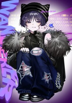 Rule 34 | 1boy, absurdres, alternate costume, beanie, black hat, black jacket, black nails, black shirt, black shoes, black sleeves, blue pants, blunt ends, candy, casual, chain, character name, clothing cutout, clothing request, commentary, contemporary, denim, eyeliner, food, full body, fur jacket, genshin impact, hand on own face, hand on own knee, hat, highres, holding, holding candy, holding food, holding lollipop, jacket, jeans, lollipop, long sleeves, looking at viewer, makeup, male focus, off shoulder, open clothes, open jacket, pants, parted lips, purple background, purple eyes, purple hair, red eyeliner, runn0524, scaramouche (genshin impact), shirt, shoes, sitting, smile, solo, star cutout, striped hat, torn clothes, torn jeans, torn pants, turtleneck, turtleneck shirt, twitter username, untranslatable commentary, wanderer (genshin impact), white mouth, wispy bangs