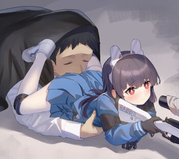 1boy 1girl annoyed black_gloves black_hair blue_archive bolt_action chikan gloves gun gun_sling height_difference knee_pads loli long_hair lying miniskirt miyu_(blue_archive) molestation paid_reward_available pantyhose rifle school_uniform scope serafuku shoes simple_background skirt smelling smelling_ass sniper_rifle thighs weapon white_pantyhose zi_se