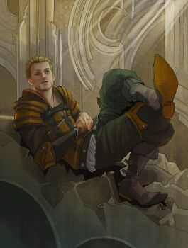 1boy absurdres armor baggy_pants black_pantyhose black_shirt blonde_hair boots commentary crossed_legs elbow_pads english_commentary facial_hair final_fantasy final_fantasy_xvi full_body gav_(ff16) goatee grey_boots hair_pulled_back highres male_focus one_eye_closed own_hands_together pants pantyhose parted_lips scar scar_across_eye scar_on_face shirt shochmonster short_hair shoulder_armor sitting solo sunlight