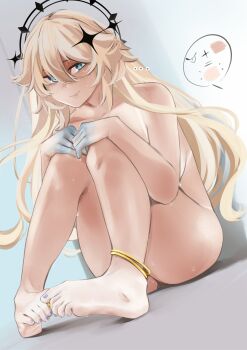 ... 1girl absurdres anklet barefoot bikini_tan black_halo blonde_hair blue_eyes breasts closed_mouth collarbone convenient_leg dutch_angle embarrassed eyelashes feet full_body gold_anklet grey_background hair_between_eyes halo hands_on_own_knees highres jewelry kaneko_lumi knees_up large_breasts legs long_hair looking_at_viewer nail_polish nude phase_connect pupi_(rain_prophet) purple_nails shadow sidelocks simple_background sitting soles solo tan tanline toe_ring toenail_polish toenails toes very_long_hair virtual_youtuber