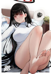 Rule 34 | 1girl, absurdres, angry, bare legs, barefoot, black hair, black halo, blue archive, border, breasts, closed mouth, feet, foot focus, foot out of frame, foreshortening, hair ornament, hairclip, halo, highres, knees up, large breasts, legs, long hair, no pants, pillow, presenting foot, red eyes, rio (blue archive), soles, solo, spoken squiggle, squiggle, sweatdrop, sweater, thighs, toenails, toes, turtleneck, turtleneck sweater, very long hair, white border, zeragoes