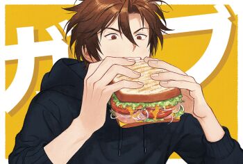 Rule 34 | 1boy, black shirt, brown eyes, brown hair, cheese, eating, food, food focus, hair between eyes, jinkichi, lettuce, long sleeves, meat, otegine, sandwich, shirt, solo, tomato, touken ranbu