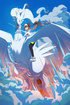 1girl :d above_clouds absurdres black_pantyhose blue_eyes blue_shoes blush bright_pupils brown_hair cloud commentary_request daidai53139 double_bun embers floating_hair gen_5_pokemon hair_bun highres legendary_pokemon long_hair nintendo open_mouth pantyhose pink_socks pointing pokemon pokemon_(creature) pokemon_bw2 raglan_sleeves reshiram riding riding_pokemon rosa_(pokemon) shirt shoes shorts smile socks teeth upper_teeth_only visor_cap white_pupils yellow_shorts