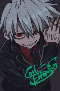 1boy black_suit formal_clothes half-closed_eye hasda necktie red_eyes red_shirt sharp_teeth shirt signature soul_eater soul_evans suit teeth upper_body white_hair