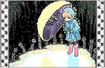 1girl after_rain black_thighhighs blue_raincoat blunt_bangs blush_stickers boots border brown_hair child commentary dress floral_border flower food_print full_body green_eyes green_skirt holding holding_umbrella hood hood_up horizontal-striped_skirt lace lace-trimmed_dress lace_trim looking_at_flowers looking_down montaro482436 mushroom mushroom_on_head mushroom_print open_mouth original ornate_border pillarboxed pink_boots plant puddle raincoat reflection reflective_water skirt skirt_under_dress smile solo standing thighhighs umbrella water water_drop white_dress