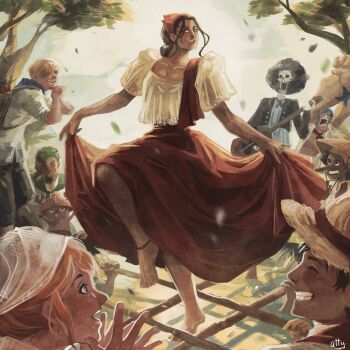 Rule 34 | 2girls, 6+boys, afro, attyrocious, backpack, bag, black hair, blonde hair, blue hair, brook (one piece), clapping, dancing, dark-skinned male, dark skin, disembodied hand, extra arms, facial hair, franky (one piece), goatee, green hair, hana hana no mi, hat, headscarf, highres, holding, holding instrument, instrument, long nose, monkey d. luffy, multiple boys, multiple girls, nami (one piece), nico robin, one piece, orange hair, roronoa zoro, sanji (one piece), scar, scar on face, sidelocks, signature, skeleton, skirt hold, smile, straw hat, straw hat pirates, tony tony chopper, usopp