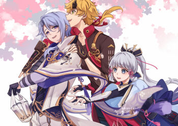 1girl 2boys :d aiguillette arm_guards armor artist_name ayaka_(genshin_impact) back_bow bag black_bridal_gauntlets black_gloves black_shirt black_vest blonde_hair blue_bow blue_eyes blue_hair blue_pants blue_skirt blunt_bangs blunt_tresses blush bow breastplate bridal_gauntlets brother_and_sister bubble_tea commentary cropped_jacket cup earrings english_commentary fake_horns fingerless_gloves floating_hair genshin_impact gloves gold_trim green_eyes hair_between_eyes hair_over_shoulder hair_ribbon hand_on_another's_shoulder headband high_ponytail holding holding_bag horned_headwear horns instagram_logo jacket japanese_armor japanese_clothes jewelry kamisato_ayato kimono kusazuri lapels long_hair long_sleeves looking_at_viewer low_ponytail medium_hair mole mole_under_eye mole_under_mouth multiple_boys neck_ring open_clothes open_jacket open_mouth outstretched_arms pants parted_bangs pink_ribbon plastic_bag ponytail purple_eyes purple_kimono red_jacket ribbon ribbon-trimmed_sleeves ribbon_trim rope shirt shoulder_armor siblings sidelocks single_sode skirt smile sode soulc1ty standing stud_earrings tassel teeth thigh_strap thoma_(genshin_impact) twitter_logo very_long_hair vest white_background white_jacket white_pants wide_sleeves