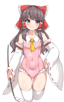 1girl alternate_costume ascot blush bow breasts brown_hair collarbone commentary covered_navel detached_sleeves frilled_bow frilled_hair_tubes frills gohei hair_bow hair_tubes hakurei_reimu highres holding holding_gohei huyusilver leotard long_hair looking_at_viewer open_mouth pink_leotard red_bow ribbon-trimmed_sleeves ribbon_trim simple_background skindentation small_breasts solo sweatdrop thighhighs touhou white_background white_thighhighs yellow_ascot