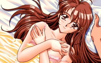 1boy 1girl blush bra breasts brown_eyes brown_hair crossed_arms from_above game_cg get!_(black_package) long_hair looking_at_viewer lying medium_breasts on_back on_bed ookoshi_hidetake pc-98_(style) pixel_art pov sendou_koharu smile under_covers underwear white_bra