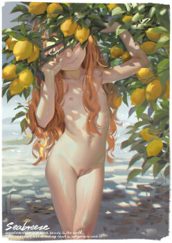 1girl absurdres alphonse_(white_datura) border censored cleft_of_venus completely_nude english_text female_focus flat_chest food fruit glasses highres lemon loli long_hair mosaic_censoring nipples nude orange_hair original outdoors plant pussy solo standing tree wet white_border